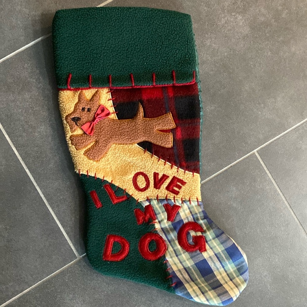 Santa’s Best Green‎ plaid “I love my dog” Christmas hanging stocking
